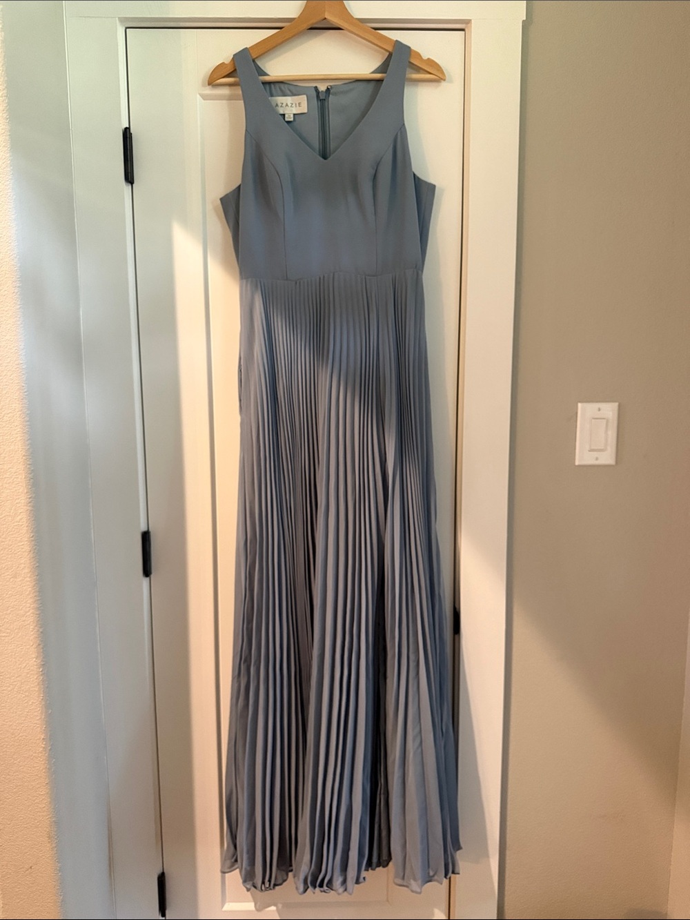 Azazie Dusty Blue Pleated V-Neck Maxi Dress with Leg Split